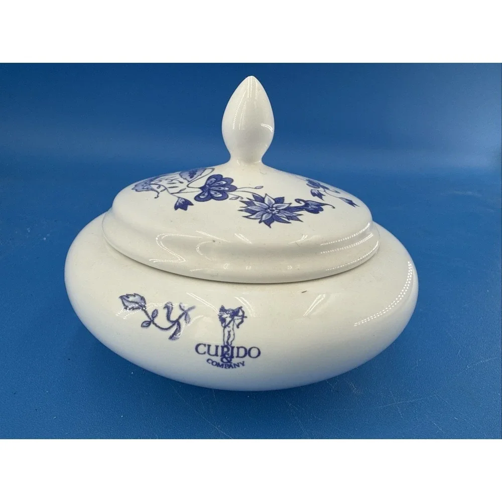Blue & White Floral Ceramic Sugar Bowl w/Lid Glossy Finish Trinket Dish Curido